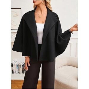 Women's Poncho Pea Cape Coat Mock Neck 3/4 Sleeve Belted Small